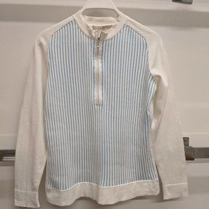 Crew Neck Quarter Zip, white w/blue stripes in front, sz M